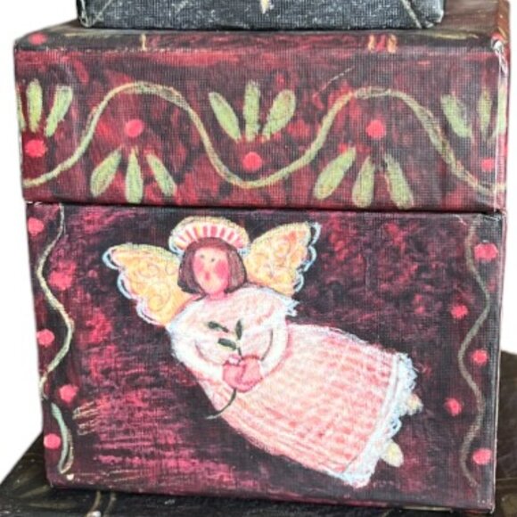 Vtg BOB'S BOXES Primitive Colors Nativity 3 Folk Art NESTING BOXES Angel, Dove - Picture 10 of 16